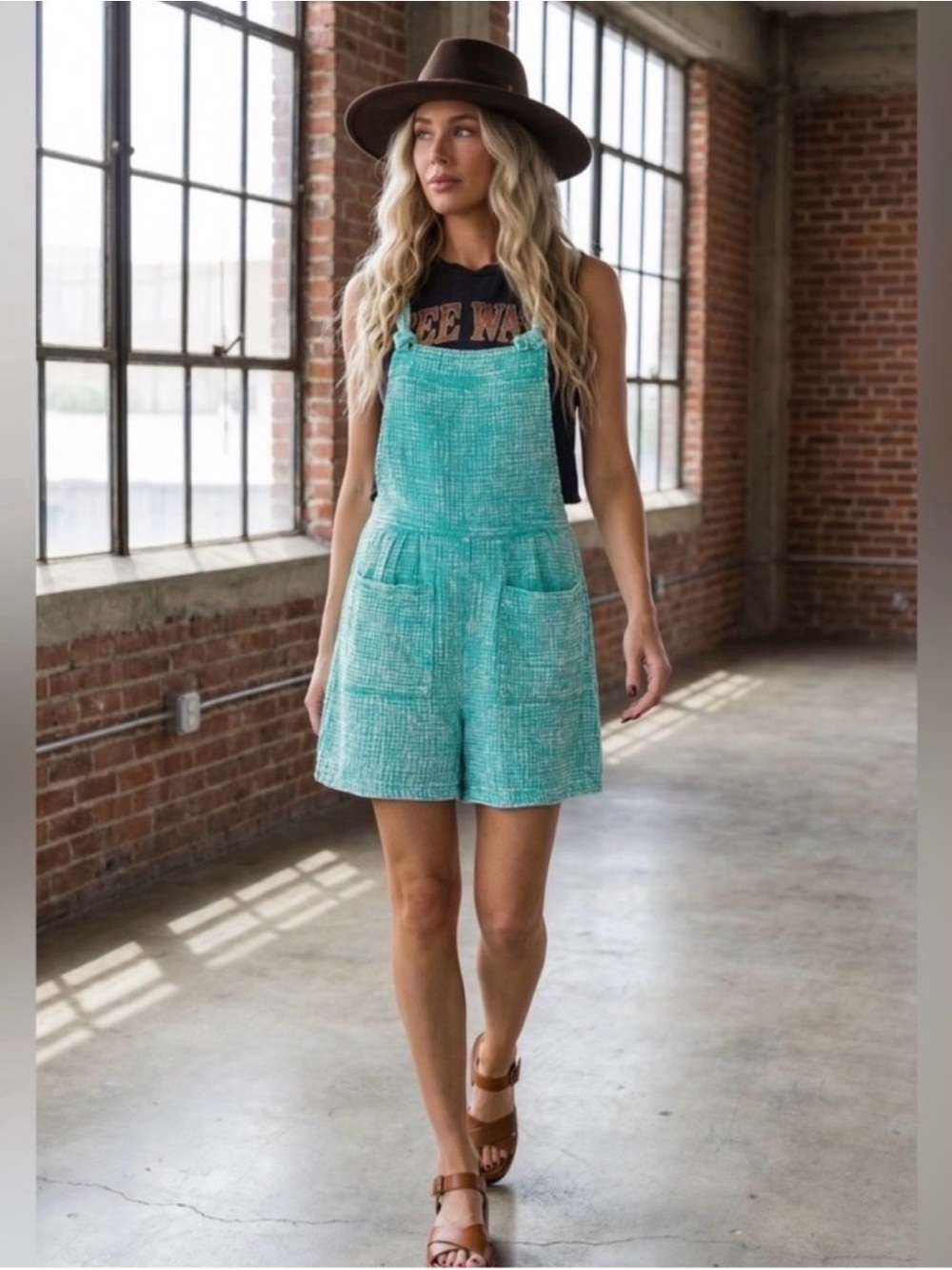 Zenana Woven Double Gauze Acid Washed Romper NIB Small Turquoise/Teal